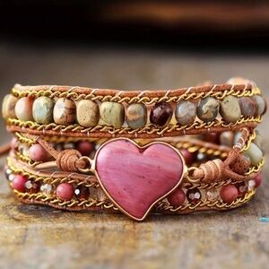 Bohemian Wrap Bracelet  Natural Jasper Crystal Stone Beads Homemade Boho Strand